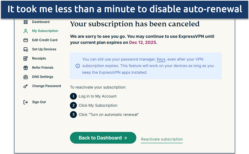 Screenshot that says your ExpressVPN subscription has been deactivated