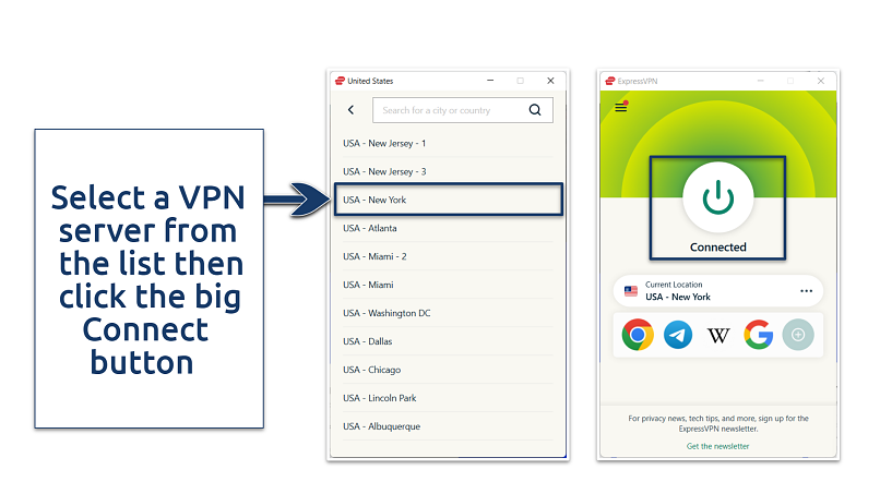 Screenshot showing connection to ExpressVPN's NY server