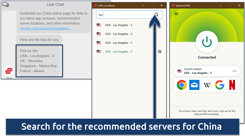 Screenshot of ExpressVPN's Windows interface and recommended servers for China