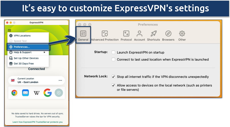 Screenshot of the startup settings in the ExpressVPN app