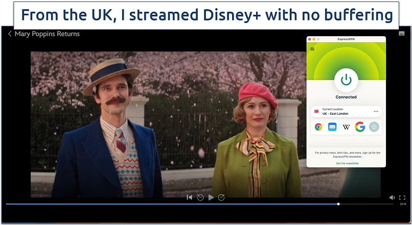 Screenshot of the Disney+ platform with ExpressVPN app in the background