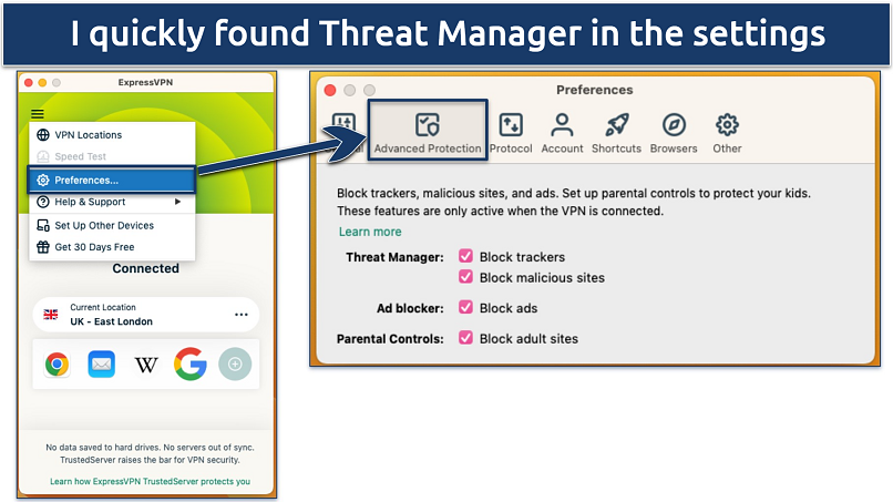 Screenshot of the Threat Manager Settings in the ExpressVPN macOS app