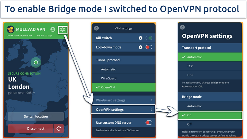 Screenshot of the Bridge mode in the Mullvad VPN app