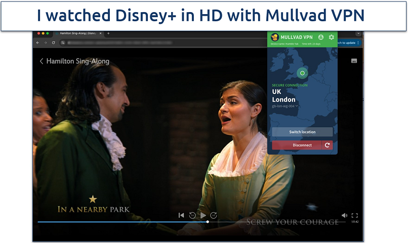 Screenshot of the Disney+ platform with Mullvad VPN app in the background