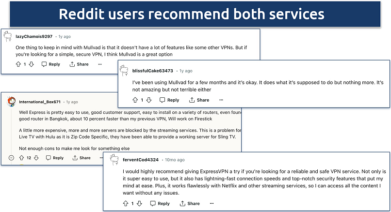 Screenshot of Reddit comments on ExpressVPN and Mullvad VPN