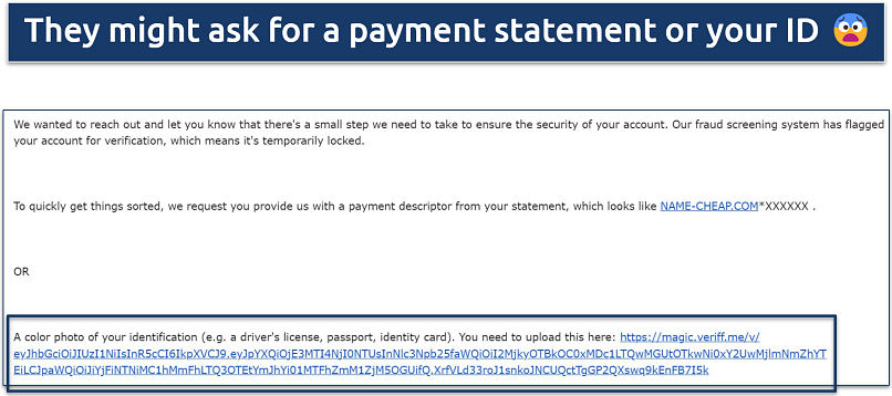 A screenshot of an email from FastVPN's support staff where they flagged our account and asked for ID verification