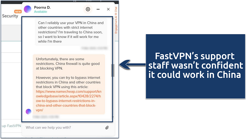 Screenshot of a live chat conversation with FastVPN's support staff where they state it probably won't work in China