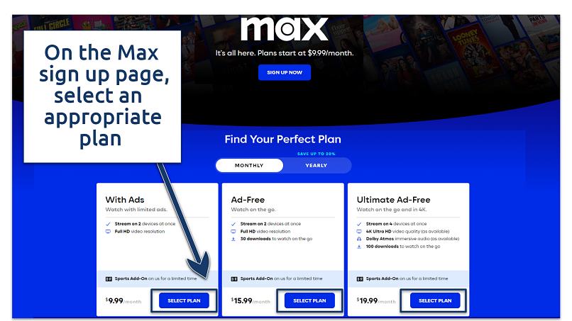 Screenshot showing sign-up process on Max