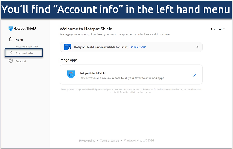 A screenshot of the Hotspot Shield account dashboard web page with the 