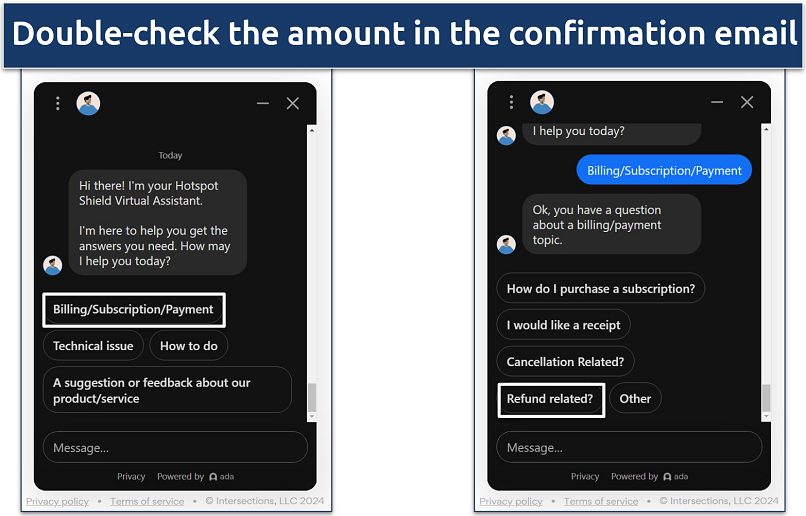 A screenshot Hotspot Shield's AI chatbot and it texts prompts guiding you to requesting a refund.