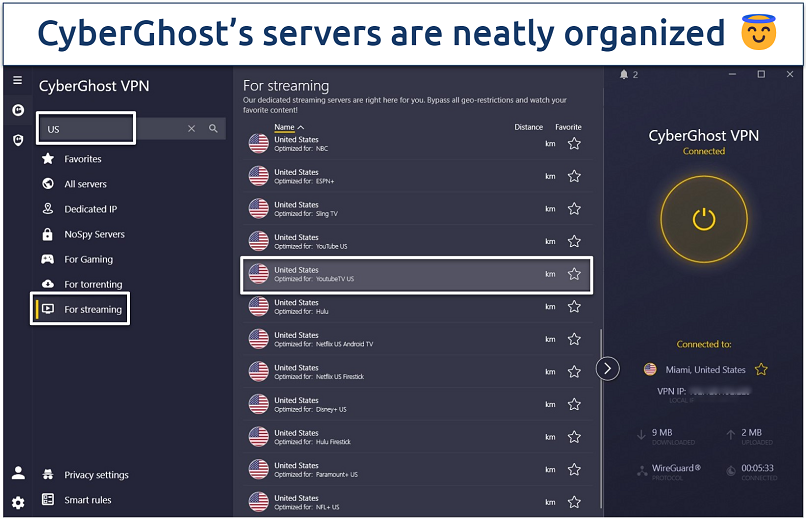 A screenshot of CyberGhost's streaming-optimized servers with its organized navigation system highlighted.