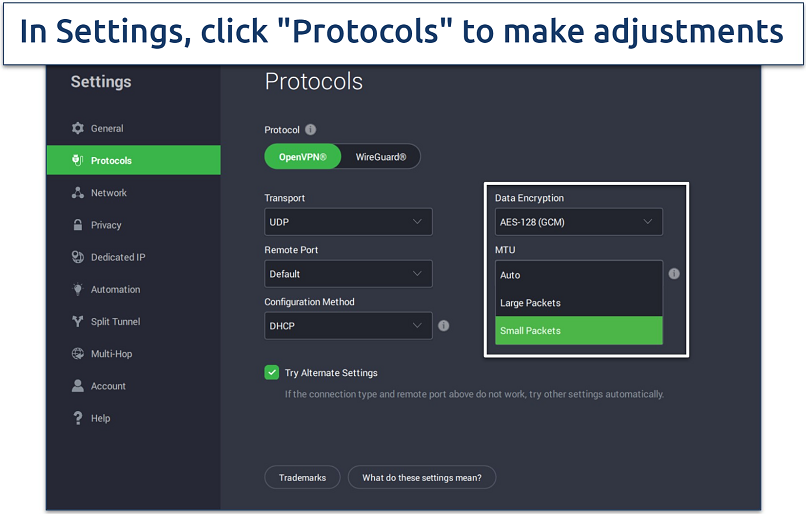 A screenshot of PIA's protocol settings page with it's encryption-level settings highlighted.