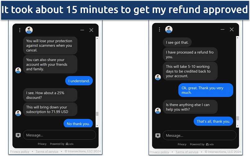 A screenshot of a live chat conversation with a Hotspot Shield support agent. The agent warns against scammers and tries to convince me to not cancel my account by offering discounts.