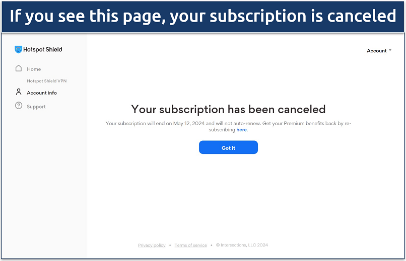 A screenshot of the Hotspot Shield subscription cancellation confirmation page.