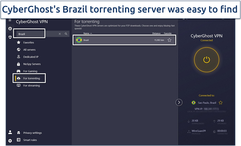 A screenshot of CyberGhost's app interface with its Brazil torrenting servers.