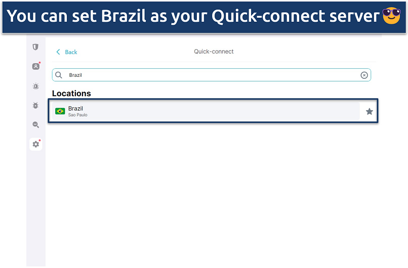 A screenshot of Surfshark's Quick-connect settings with the Brazil server highlighted.