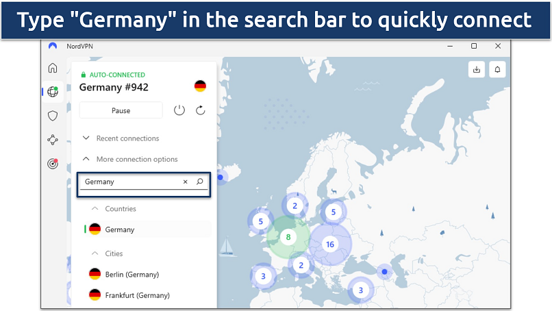 Screenshots of NordVPN's servers in Germany