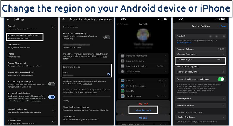 Screenshot of changing country/region on Android and iPhone