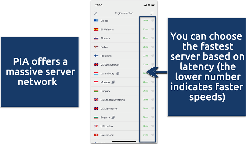 Screenshot of PIA's server network