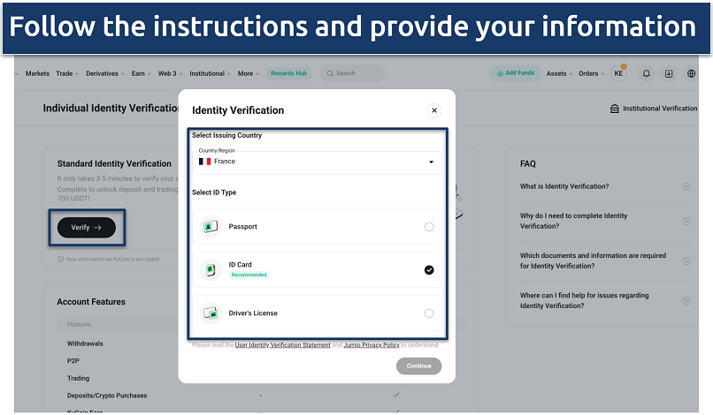 Screenshot of KuCoin's Identify Verification process