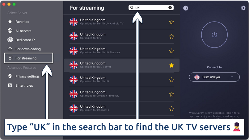 Screenshot of the specialty UK TV servers on CyberGhost's app
