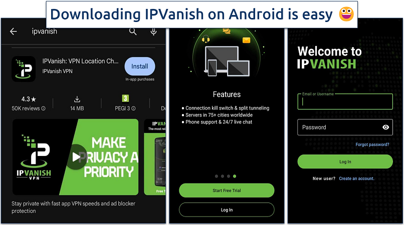 Screenshot of IPVanish's Android app installation process