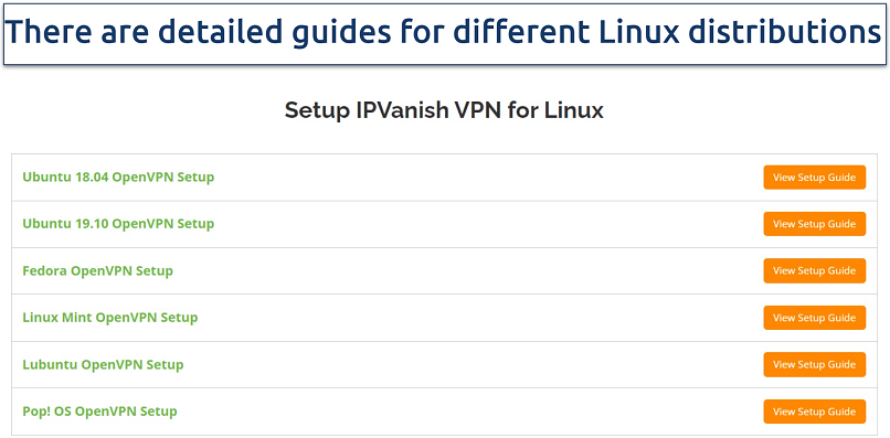 Screenshot of IPVanish's website page with guides for Linux setup