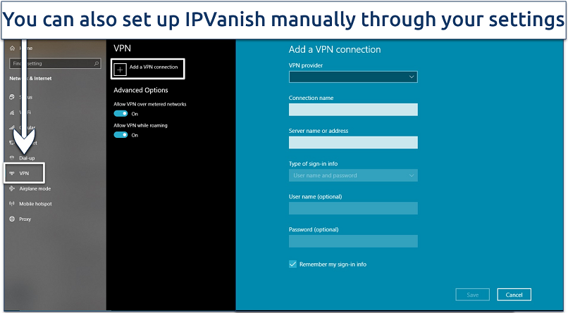 Screenshot of Network & Internet settings on Windows, showing how to add a VPN connection