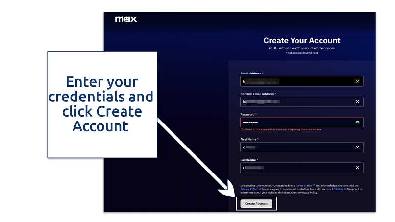 Screenshot showing Max account creation screen