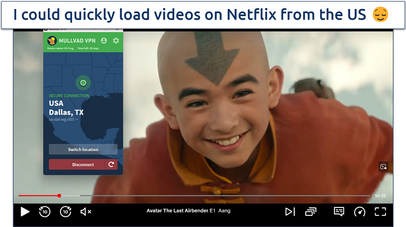 Screenshot of Netflix player streaming Avatar The Last Airbender while connected to a Dallas Mullvad VPN server