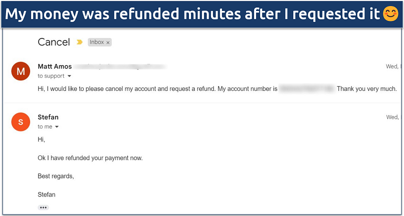 Screenshot of an email from Mullvad's support staff approving my cancellation and refund