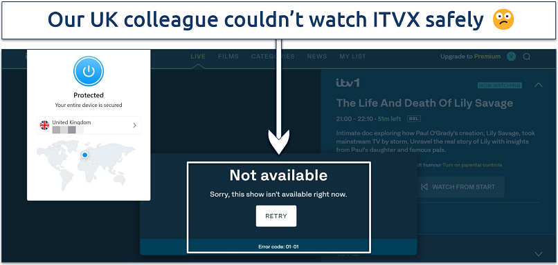 Screenshot of ITVX player displaying an error message when our tester tried to watch it while connected to Opera VPN Pro's UK server