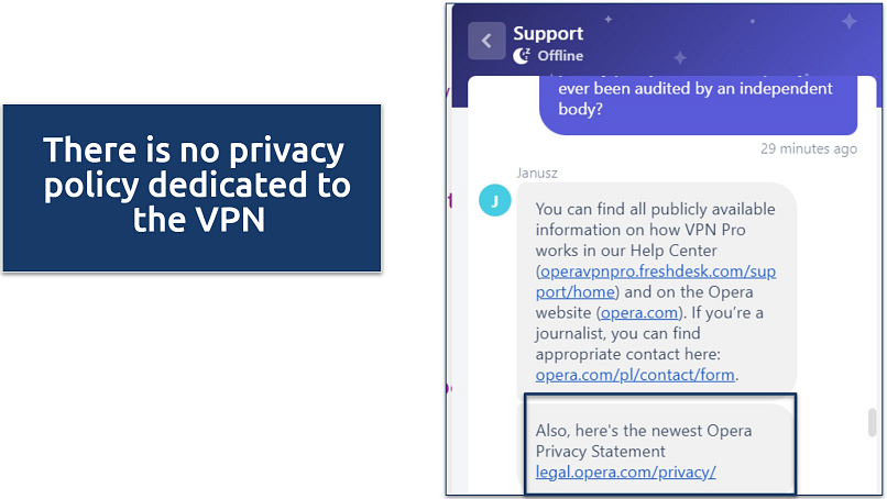 Screenshot of a chat response from Opera VPN Pro support