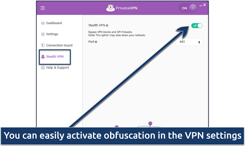 Screenshot of PrivateVPN's Windows interface showing how to activate Stealth VPN