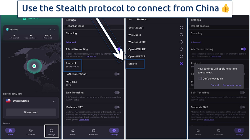 Screenshots showing how to activate Proton VPN's Stealth protocol on Android