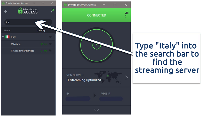 Screenshot of PIA Italian servers, with VPN connected to an Italian streaming server