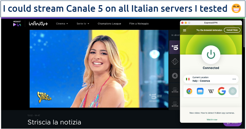 Screenshot of Striscia la notizia streaming live using ExpressVPN's server in Cosenza