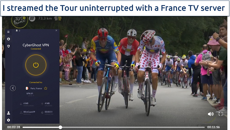 Screenshot of Tour de France on France TV, with CyberGhost connected to a France Paris server