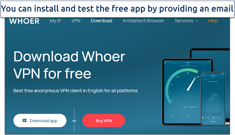 Screenshot of Whoer's download page