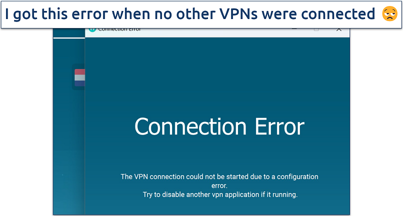 Screenshot of Whoer's Windows app showing me an error