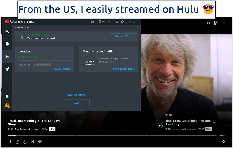 Screenshot showing a show playing on Hulu with Avira Phantom VPN connected