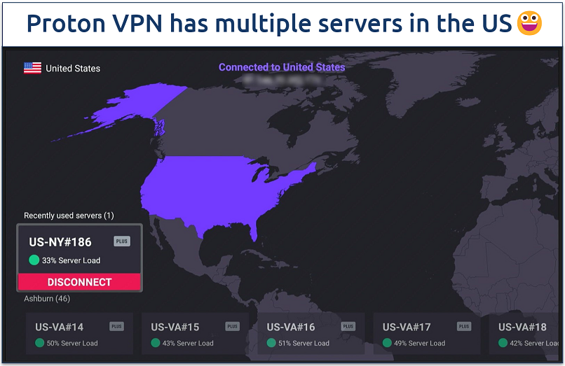 Screenshot showing Proton VPN's US servers on its Firestick app