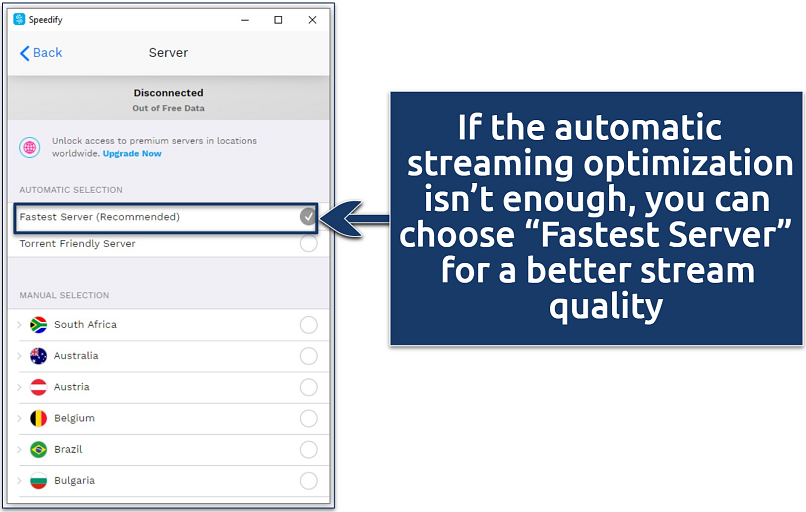 Screenshot of the Speedify app showing some available server selection options