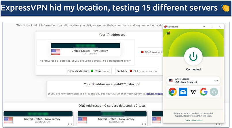 A screenshot of ExpressVPN passed IP/DNS leak tests