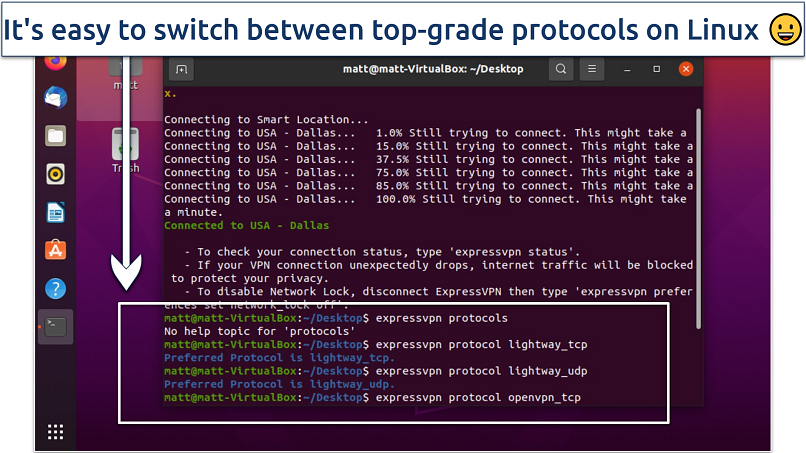 A screenshot showing it's easy to switch between protocols on Linux using the ExpressVPN CLI app