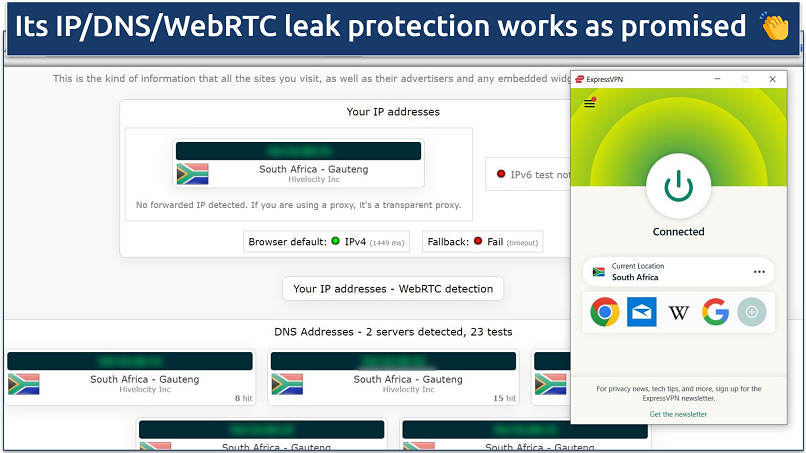 A screenshot showing ExpressVPN passed IP, DNS, and WebRTC leak tests
