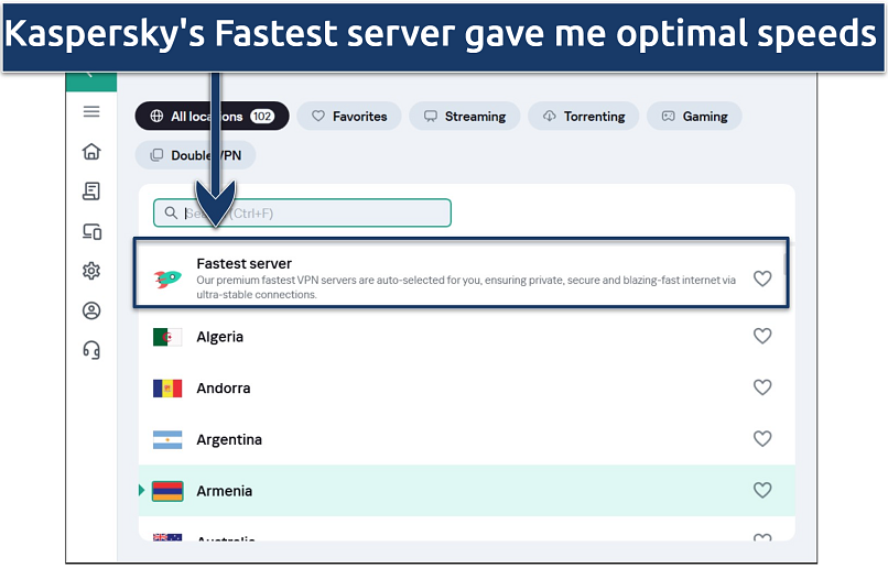 Screenshot of Kaspersky's server list