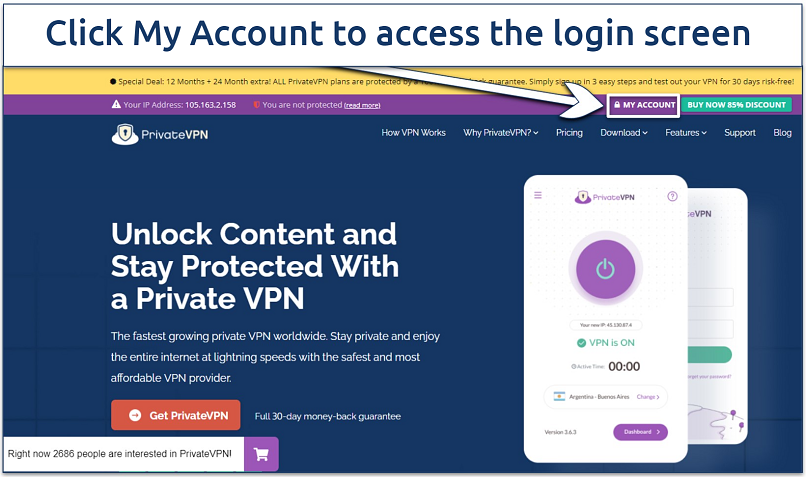Screenshot of the PrivateVPN homepage showing how to access the login screen