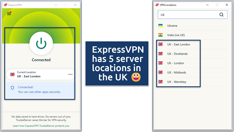 Screenshot of the ExpressVPN app showing available server locations in the UK