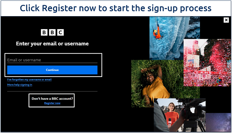 Screenshot of the BBC sign-up page